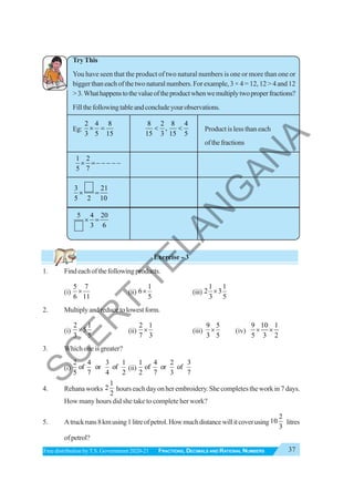 37
FRACTIONS, DECIMALS AND RATIONAL NUMBERS
Free distribution byT.S. Government 2020-21
TryThis
You have seen that the product of two natural numbers is one or more than one or
bigger than each of the two natural numbers. For example, 3 × 4 = 12, 12 > 4 and 12
>3.Whathappenstothevalueoftheproductwhenwemultiplytwoproperfractions?
Fillthefollowingtableandconcludeyourobservations.
Eg:
2 4 8
3 5 15
× =
8 2 8 4
,
15 3 15 5
< < Product is less than each
ofthefractions
1 2
5 7
× =− − − − −
3 21
5 2 10
× =
5 4 20
3 6
× =
Exercise - 3
1. Findeachofthefollowingproducts.
(i)
5 7
6 11
× (ii)
1
6
5
× (iii)
1 1
2 3
3 5
×
2. Multiplyandreducetolowestform.
(i)
2 1
5
3 5
× (ii)
2 1
7 3
× (iii)
9 5
3 5
× (iv)
9 10 1
5 3 2
× ×
3. Which one is greater?
(i)
2 4 3 1
of or of
5 7 4 2
(ii)
1 4 2 3
of or of
2 7 3 7
4. Rehanaworks
1
2
2
hourseachdayonherembroidery.Shecompletestheworkin7days.
How many hours did she take to complete her work?
5. Atruckruns8kmusing1litreofpetrol.Howmuchdistancewillitcoverusing
2
10
3
litres
ofpetrol?
S
C
E
R
T
T
E
L
A
N
G
A
N
A
 