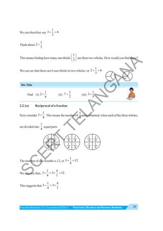 39
FRACTIONS, DECIMALS AND RATIONAL NUMBERS
Free distribution byT.S. Government 2020-21
We can therefore say
1
3 6
2
÷ =
Thinkabout
1
2
3
÷
Thismeansfindinghowmanyone-thirds
1
3
⎛ ⎞
⎜ ⎟
⎝ ⎠
aretheretwowholes.Howwouldyoufindthese?
We can see that there are 6 one-thirds in two wholes or
1
2 6
3
÷ =
Do This
Find (i)
1
2
4
÷ (ii)
1
7
2
÷ (iii)
1
3
5
÷
2.2.1a) Reciprocal of a fraction
Nowconsider
1
3
4
÷ .Thismeansthenumberof
1
4
partsobtained,wheneachofthethreewholes,
are divided into
1
4
equal parts
The number of one-fourths is 12, or
1
3 12
4
÷ =
We also see that,
1 4
3 3 12
4 1
÷ = × = .
Thissuggeststhat
1 4
3 3
4 1
÷ = ×
1
4
1
4
1
4
1
4
1
4
1
4
1
4
1
4
1
4
1
4
1
4
1
4
S
C
E
R
T
T
E
L
A
N
G
A
N
A
 