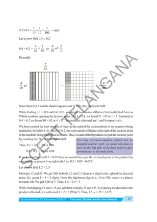 47
FRACTIONS, DECIMALS AND RATIONAL NUMBERS
Free distribution byT.S. Government 2020-21
1 1 1
0.1 0.1
10 10 100
× = × = = 0.01
Let us now find 0.4 × 0.2
0.4 × 0.2 =
4 2
10 10
× or
4 2
of
10 10
Pictorially
2
10
4
10
of =
8
100
=
Since there are 8 double shaded squares out of 100, they represent 0.08.
While finding 0.1 × 0.1 and 0.4 × 0.2, you might have noticed that we first multiplied them as
Whole numbers ignoring the decimal point. In 0.1 × 0.1, we found 01× 01 or 1× 1.Similarlyin
0.4 × 0.2 we found 04 × 02 or 4 × 2. The products obtained are 1 and 8 respectively.
We then counted the total number of digits to the right of the decimal point in the numbers being
multiplied.Inboth0.1×0.1and0.4×0.2,thetotalnumberofdigitstotherightofthedecimalpoint
inthenumbersbeingmultipliedis2each.Thus,ineachoftheirproductsweputthedecimalpoint
bycountingtwoplacesfromrighttoleft.
Thus, 0.1 × 0.1 = .01 or 0.01
0.4 × 0.2 = .08 or 0.08
If we had multiplied 0.5 × 0.05 then we would have put the decimal point in the product by
counting three places from right to left i.e. 0.5 × 0.05 = 0.025.
Let us now find 1.2 × 2.5
Multiply 12 and 25. We get 300. In both 1.2 and 2.5, there is 1 digit to the right of the decimal
point. So, count 1 + 1 = 2 digits. From the rightmost digit (i.e., 0) in 300, move two places
towards left. We get 3.00 or 3. Thus, 1.2 × 2.5 = 3
While multiplying 2.5 and 1.25 you will first multiply 25 and 125. For placing the decimal in the
product obtained, we will count 1 + 2 = 3 (Why?). Thus, 2.5 × 1.25 = 3.225.
For any decimal number which has no
integral number part, we generally place a
zero on the left side of decimal point to give
prominance to decimal point.
S
C
E
R
T
T
E
L
A
N
G
A
N
A
 