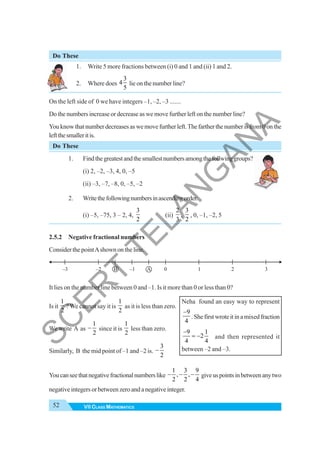 52 VII CLASS MATHEMATICS
Do These
1. Write 5 more fractions between (i) 0 and 1 and (ii) 1 and 2.
2. Where does
3
4
5
lie on the number line?
On the left side of 0 we have integers –1, –2, –3 .......
Do the numbers increase or decrease as we move further left on the number line?
Youknowthatnumberdecreasesaswemovefurtherleft.Thefartherthenumberisfrom0onthe
leftthesmalleritis.
Do These
1. Findthegreatestandthesmallestnumbersamongthefollwinggroups?
(i) 2, –2, –3, 4, 0, –5
(ii) –3, –7, –8, 0, –5, –2
2. Writethefollowingnumbersinascendingorder.
(i) –5, –75, 3 – 2, 4,
3
2
(ii)
2
3
,
3
2
, 0, –1, –2, 5
2.5.2 Negative fractional numbers
Consider the pointAshown on the line.
It lies on the number line between 0 and –1. Is it more than 0 or less than 0?
Is it
1
2
? We cannot say it is
1
2
as it is less than zero.
We write A as
1
2
− since it is
1
2
less than zero.
Similarly, B the mid point of –1 and –2 is.
3
2
−
Youcanseethatnegativefractionalnumberslike
1 3 9
, ,
2 2 4
− − − giveuspointsinbetweenanytwo
negativeintegersorbetweenzeroandanegativeinteger.
0 1
–1
B A 2
–2 3
–3
Neha found an easy way to represent
9
4
−
.Shefirstwroteitinamixedfraction
9 1
2
4 4
−
= − and then represented it
between –2 and –3.
S
C
E
R
T
T
E
L
A
N
G
A
N
A
 