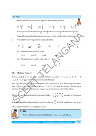 53
FRACTIONS, DECIMALS AND RATIONAL NUMBERS
Free distribution byT.S. Government 2020-21
Do These
1. Onthenumberlinegivenbelowrepresentthefollowingnumbers.
(i)
5
4
−
(ii)
3
2
(iii)
7
4
(iv)
7
4
−
(v)
1
4
−
(vi)
1
4
Make a longer number line and represnet more positive and negative numbers on it.
2. Considerthefollowingnumbersonanumberline.
7
27, ,
8
−
11
,
943
54
,
17
–68, –3,
9
,
6
−
7
2
(i) Which of these are to the left of
(a) 0 (b) –2 (c) 4 (d) 2
(ii) Which of these would be to the right of
(a) 0 (b) –5 (c)
1
3
2
(d)
5
2
−
2.5.3 Rational Numbers
We know 0, 1, 2, 3, 4, 5 are whole numbers. We also know that –7, –6, –5, –4, –3, –2, –1, 0,
1, 2, 3, 4, 5 is a bigger collection of numbers called integers.
Rani says “All whole numbers are integers but the converse is not true.” Do you agree with her?
Rani is right as negative numbers like –6, –5, –4, –3, –2, –1 etc are integers but not whole
numbers.Thus,allwholenumbersareintegersandallintegersarenotwholenumbers.
Wefurtherknowthatpositivefractionalnumberslike
1 1 1 5 11 8
, , , , ,
2 3 4 6 5 8
areratiosofwholenum-
bers.All fractional numbers can in general be written as
1
2
w
w with the condition w1
and w2
are
whole numbers and that w2
is not equal to zero.
TryThis
Write 5 fractional numbers and identify w1
and w2
in each of these.
0
–1
–2 1 2
1
2
−
S
C
E
R
T
T
E
L
A
N
G
A
N
A
 
