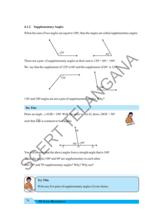 74 VII CLASS MATHEMATICS
4.1.2 SupplementaryAngles
When the sum of two angles are equal to 1800
, then the angles are called supplementary angles.
These are a pair of supplementary angles as their sum is 1200
+ 600
= 1800
.
We say that the supplement of 1200
is 600
and the supplement of 600
is 1200
.
1300
and 1000
angles are not a pair of supplementary angles. Why?
Do This
Draw an angle ∠AOB = 1000
. With the same vertex O, draw∠BOC = 800
such that OB
JJJ
G
is common to two angles.
You will observe that the above angles form a straight angle that is 1800
.
Thus, the angles 1000
and 800
are supplementary to each other.
Are 1300
and 700
supplementary angles? Why? Why not?
Try This
Writeanyfivepairsofsupplementaryanglesofyourchoice.
120o
60o
130o
100
o
100o
80o
A
C O
B
S
C
E
R
T
T
E
L
A
N
G
A
N
A
 