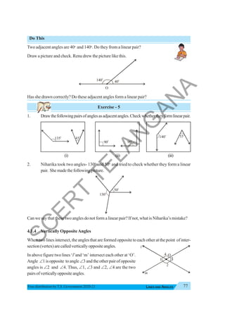 77
LINES AND ANGLES
Free distribution byT.S. Government 2020-21
Do This
Two adjacent angles are 40o
and 140o
. Do they from a linear pair?
Draw a picture and check. Renu drew the picture like this.
Has she drawn correctly? Do these adjacent angles form a linear pair?
Exercise - 5
1. Drawthefollowingpairsofanglesasadjacentangles.Checkwhethertheyformlinearpair.
(i) (ii) (iii)
2. Niharika took two angles- 1300
and 500
and tried to check whether they form a linear
pair. Shemadethefollowingpicture.
Can we say that these two angles do not form a linear pair? If not, what is Niharika’s mistake?
4.1.4 Vertically OppositeAngles
When two lines intersect, the angles that are formed opposite to each other at the point of inter-
section(vertex)arecalledverticallyoppositeangles.
In above figure two lines ‘l’and ‘m’ intersect each other at ‘O’.
Angle ∠1isopposite toangle ∠3andtheotherpairofopposite
angles is ∠2 and ∠4. Thus, ∠1, ∠3 and ∠2, ∠4 are the two
pairsofverticallyoppositeangles.
O
140o
40o
135o
45
o
90
o
90
o
140
o
55
o
50o
130
o
m
l
O
1
2
3
4
S
C
E
R
T
T
E
L
A
N
G
A
N
A
 