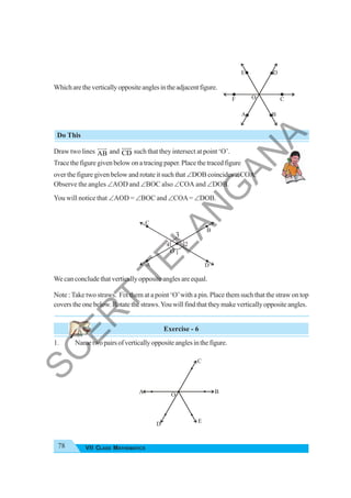78 VII CLASS MATHEMATICS
Whicharetheverticallyoppositeanglesintheadjacentfigure.
Do This
Draw two lines AB
HJJ
G
and CD
HJJ
G
such that they intersect at point ‘O’.
Trace the figure given below on a tracing paper. Place the traced figure
over the figure given below and rotate it such that ∠DOB coincides ∠COA.
Observe the angles ∠AOD and ∠BOC also ∠COA and ∠DOB.
You will notice that ∠AOD = ∠BOC and ∠COA= ∠DOB.
We can conclude that vertically opposite angles are equal.
Note :Take two straws. Fix them at a point ‘O’with a pin. Place them such that the straw on top
covers the one below. Rotate the straws.You will find that they make vertically opposite angles.
Exercise - 6
1. Nametwopairsofverticallyoppositeanglesinthefigure.
C
O 1
2
3
4
A D
B
O
D
B
C
A
E
F O
a b
c
d
e
f
E
C
A B
D
S
C
E
R
T
T
E
L
A
N
G
A
N
A
 