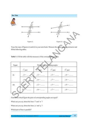 85
LINES AND ANGLES
Free distribution byT.S. Government 2020-21
Do This
Figure (i) Figure (ii)
Trace the copy of figures (i) and (ii) in your note book. Measure the angles using a protractor and
fillthefollowingtables.
Table 1 : Fill the table with the measures of the corresponding angles.
Figure Pairsofcorrespondingangles
1
st
pair 2
nd
pair 3
rd
pair 4
th
pair
(i) ∠1= ......... ∠2 = ......... ∠3 = ......... ∠4 = .........
∠5 = ......... ∠6 = ......... ∠7 = ......... ∠8 = .........
(ii) ∠1 = ......... ∠2 = ......... ∠3 = ......... ∠4 = .........
∠5 = ......... ∠6 = ......... ∠7 = ......... ∠8 = .........
Findoutinwhichfigurethepairsofcorrespondinganglesareequal?
What can you say about the lines ‘l’ and ‘m’ ?
What can you say about the lines ‘p’ and ‘q’ ?
Whichpairoflinesisparallel?
l
m
n
p
q
r
1
3
4
5 6
2
7
8
1
3
4
5 6
2
7
8
S
C
E
R
T
T
E
L
A
N
G
A
N
A
 
