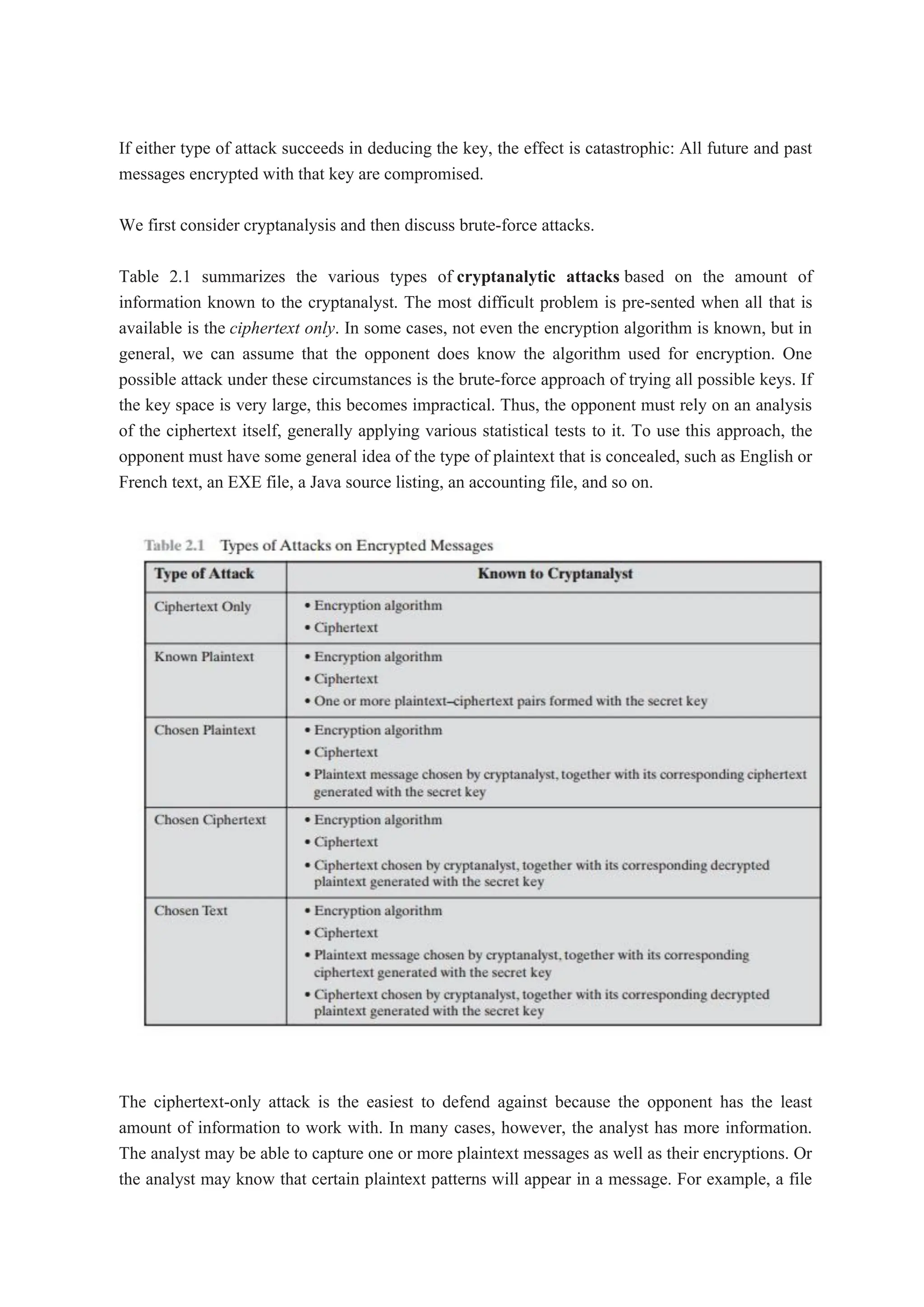 If either type of attack succeeds in deducing the key, the effect is catastrophic: All future and past
messages encrypted with that key are compromised.
We first consider cryptanalysis and then discuss brute-force attacks.
Table 2.1 summarizes the various types of cryptanalytic attacks based on the amount of
information known to the cryptanalyst. The most difficult problem is pre-sented when all that is
available is the ciphertext only. In some cases, not even the encryption algorithm is known, but in
general, we can assume that the opponent does know the algorithm used for encryption. One
possible attack under these circumstances is the brute-force approach of trying all possible keys. If
the key space is very large, this becomes impractical. Thus, the opponent must rely on an analysis
of the ciphertext itself, generally applying various statistical tests to it. To use this approach, the
opponent must have some general idea of the type of plaintext that is concealed, such as English or
French text, an EXE file, a Java source listing, an accounting file, and so on.
The ciphertext-only attack is the easiest to defend against because the opponent has the least
amount of information to work with. In many cases, however, the analyst has more information.
The analyst may be able to capture one or more plaintext messages as well as their encryptions. Or
the analyst may know that certain plaintext patterns will appear in a message. For example, a file
 