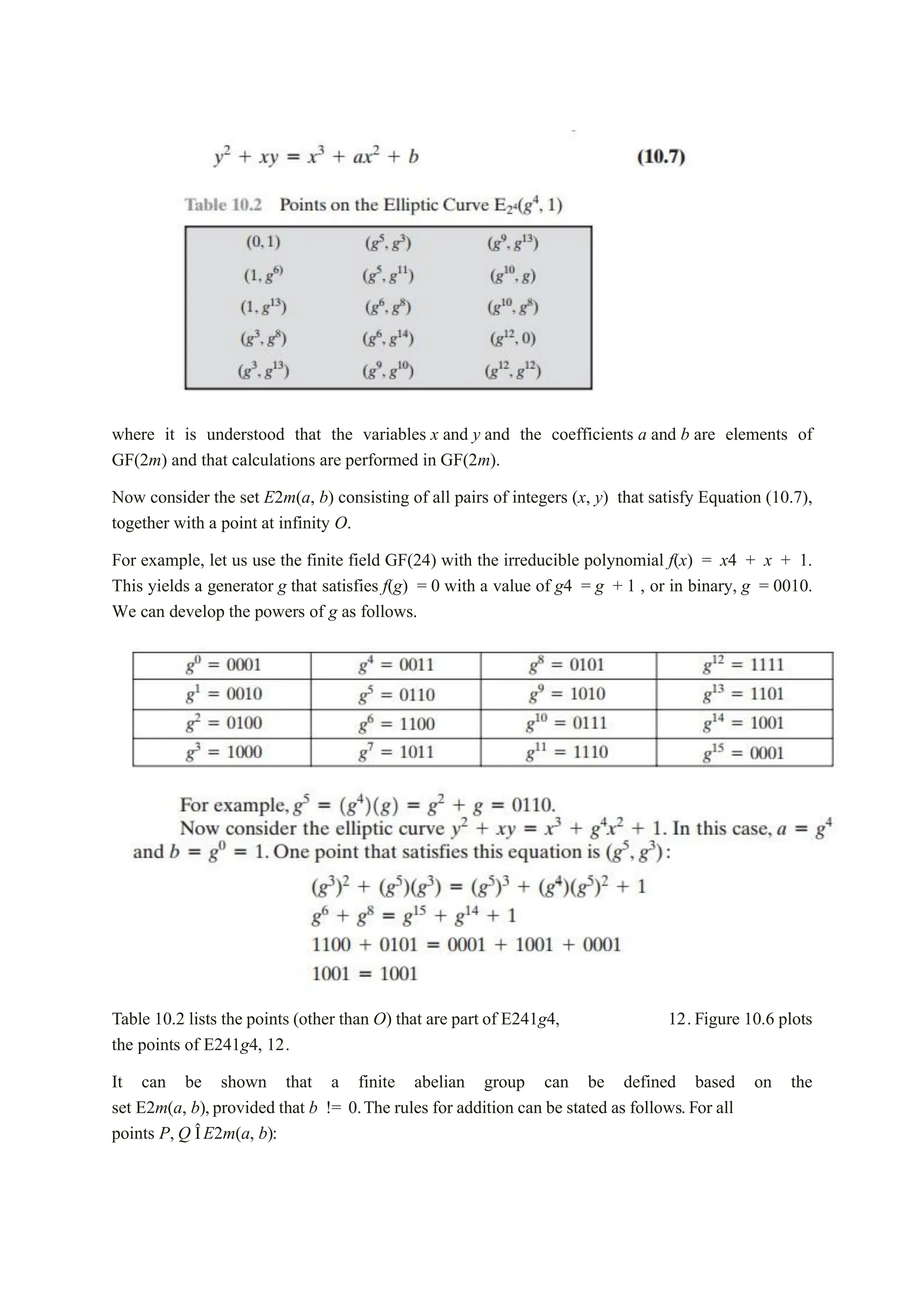 where it is understood that the variables x and y and the coefficients a and b are elements of
GF(2m) and that calculations are performed in GF(2m).
Now consider the set E2m(a, b) consisting of all pairs of integers (x, y) that satisfy Equation (10.7),
together with a point at infinity O.
For example, let us use the finite field GF(24) with the irreducible polynomial f(x) = x4 + x + 1.
This yields a generator g that satisfies f(g) = 0 with a value of g4 = g + 1 , or in binary, g = 0010.
We can develop the powers of g as follows.
Table 10.2 lists the points (other than O) that are part of E241g4, 12.Figure 10.6 plots
the points of E241g4, 12.
It can be shown that a finite abelian group can be defined based on the
set E2m(a, b),provided that b != 0.The rules for addition can be stated as follows.For all
points P, Q ÎE2m(a, b):
 