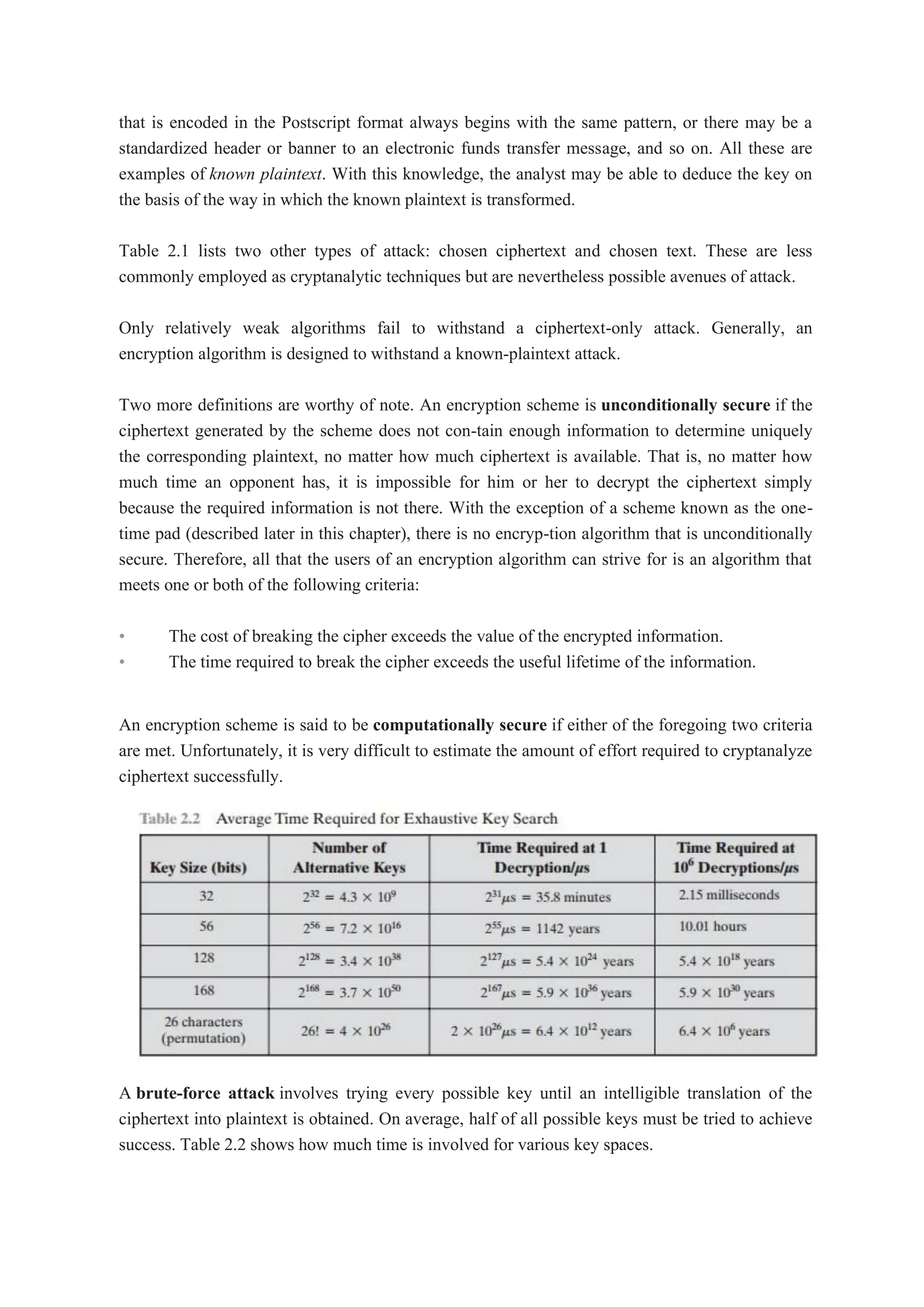 that is encoded in the Postscript format always begins with the same pattern, or there may be a
standardized header or banner to an electronic funds transfer message, and so on. All these are
examples of known plaintext. With this knowledge, the analyst may be able to deduce the key on
the basis of the way in which the known plaintext is transformed.
Table 2.1 lists two other types of attack: chosen ciphertext and chosen text. These are less
commonly employed as cryptanalytic techniques but are nevertheless possible avenues of attack.
Only relatively weak algorithms fail to withstand a ciphertext-only attack. Generally, an
encryption algorithm is designed to withstand a known-plaintext attack.
Two more definitions are worthy of note. An encryption scheme is unconditionally secure if the
ciphertext generated by the scheme does not con-tain enough information to determine uniquely
the corresponding plaintext, no matter how much ciphertext is available. That is, no matter how
much time an opponent has, it is impossible for him or her to decrypt the ciphertext simply
because the required information is not there. With the exception of a scheme known as the one-
time pad (described later in this chapter), there is no encryp-tion algorithm that is unconditionally
secure. Therefore, all that the users of an encryption algorithm can strive for is an algorithm that
meets one or both of the following criteria:
• The cost of breaking the cipher exceeds the value of the encrypted information.
• The time required to break the cipher exceeds the useful lifetime of the information.
An encryption scheme is said to be computationally secure if either of the foregoing two criteria
are met. Unfortunately, it is very difficult to estimate the amount of effort required to cryptanalyze
ciphertext successfully.
A brute-force attack involves trying every possible key until an intelligible translation of the
ciphertext into plaintext is obtained. On average, half of all possible keys must be tried to achieve
success. Table 2.2 shows how much time is involved for various key spaces.
 