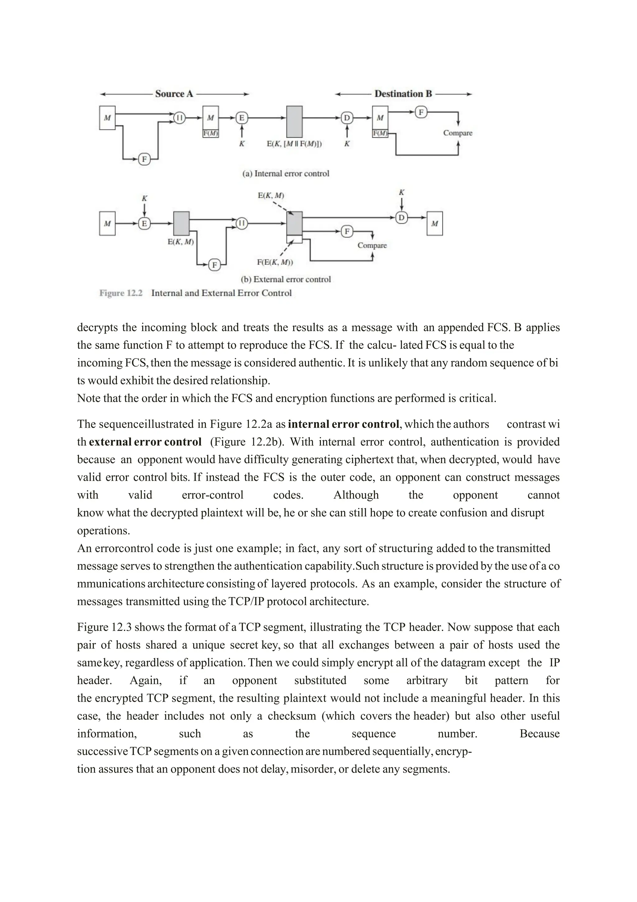 decrypts the incoming block and treats the results as a message with an appended FCS. B applies
the same function F to attempt to reproduce the FCS. If the calcu- lated FCS isequal to the
incoming FCS,then the message isconsidered authentic.It is unlikely that any random sequence of bi
ts would exhibit the desired relationship.
Note that the order in which the FCS and encryption functions are performed is critical.
The sequenceillustrated in Figure 12.2a asinternalerror control,whichtheauthors contrastwi
th externalerror control (Figure 12.2b). With internal error control, authentication is provided
because an opponent would have difficulty generating ciphertext that, when decrypted, would have
valid error control bits. If instead the FCS is the outer code, an opponent can construct messages
with valid error-control codes. Although the opponent cannot
know what the decrypted plaintext will be,he or she can still hope to create confusion and disrupt
operations.
An errorcontrol code is just one example; in fact, any sort of structuring added to the transmitted
message serves to strengthen the authentication capability.Suchstructureisprovidedbytheuseofaco
mmunicationsarchitectureconsistingof layered protocols. As an example, consider the structure of
messages transmitted using theTCP/IP protocol architecture.
Figure 12.3 shows the format of aTCP segment, illustrating the TCP header. Now suppose that each
pair of hosts shared a unique secret key, so that all exchanges between a pair of hosts used the
samekey, regardless of application.Then we could simply encrypt all of the datagram except the IP
header. Again, if an opponent substituted some arbitrary bit pattern for
the encrypted TCP segment, the resulting plaintext would not include a meaningful header. In this
case, the header includes not only a checksum (which covers the header) but also other useful
information, such as the sequence number. Because
successiveTCPsegmentsonagivenconnectionarenumberedsequentially,encryp-
tion assures that an opponent does not delay,misorder,or delete any segments.
 