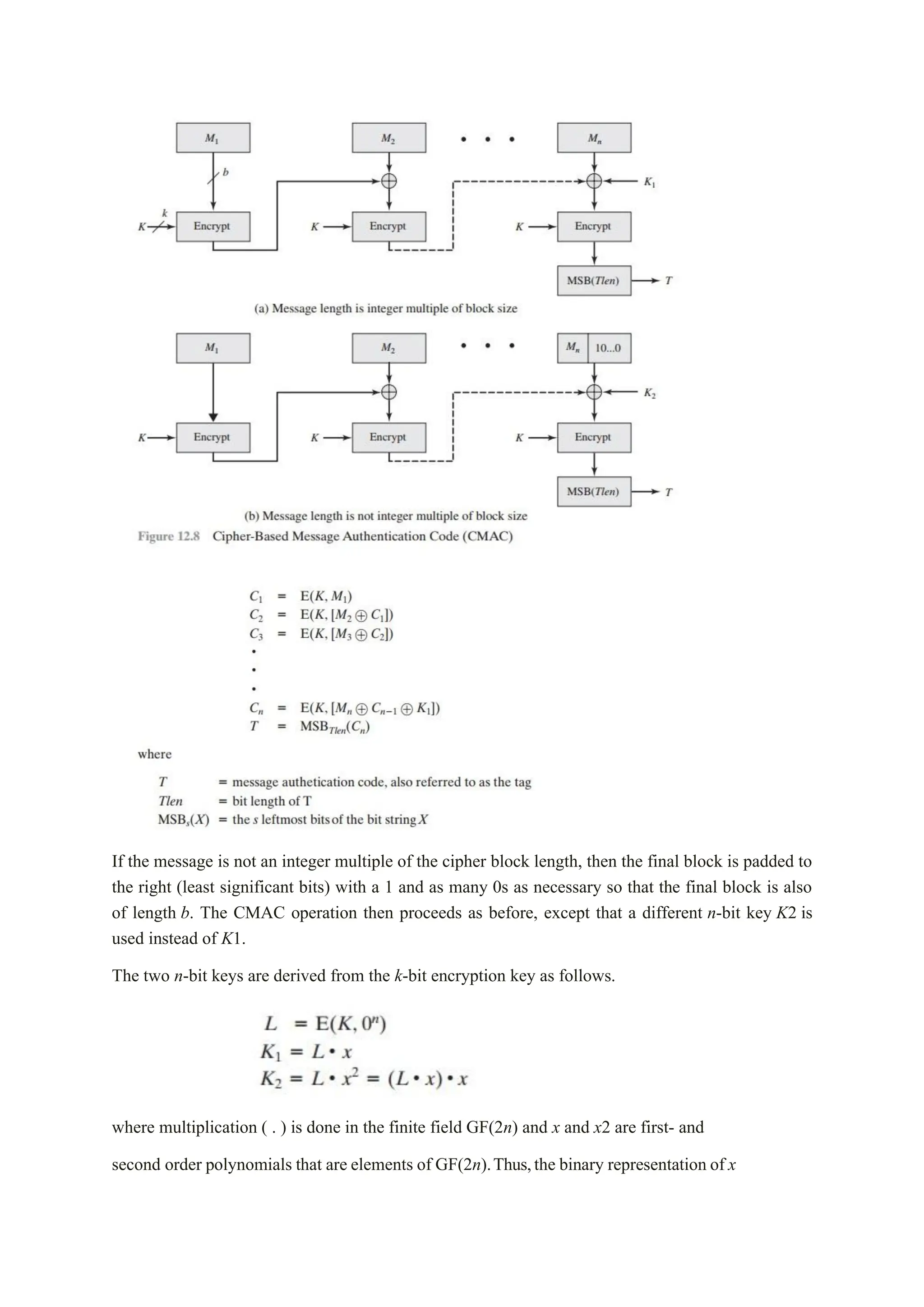 If the message is not an integer multiple of the cipher block length, then the final block is padded to
the right (least significant bits) with a 1 and as many 0s as necessary so that the final block is also
of length b. The CMAC operation then proceeds as before, except that a different n-bit key K2 is
used instead of K1.
The two n-bit keys are derived from the k-bit encryption key as follows.
where multiplication ( . ) is done in the finite field GF(2n) and x and x2 are first- and
second order polynomials that are elements of GF(2n).Thus,the binary representation of x
 