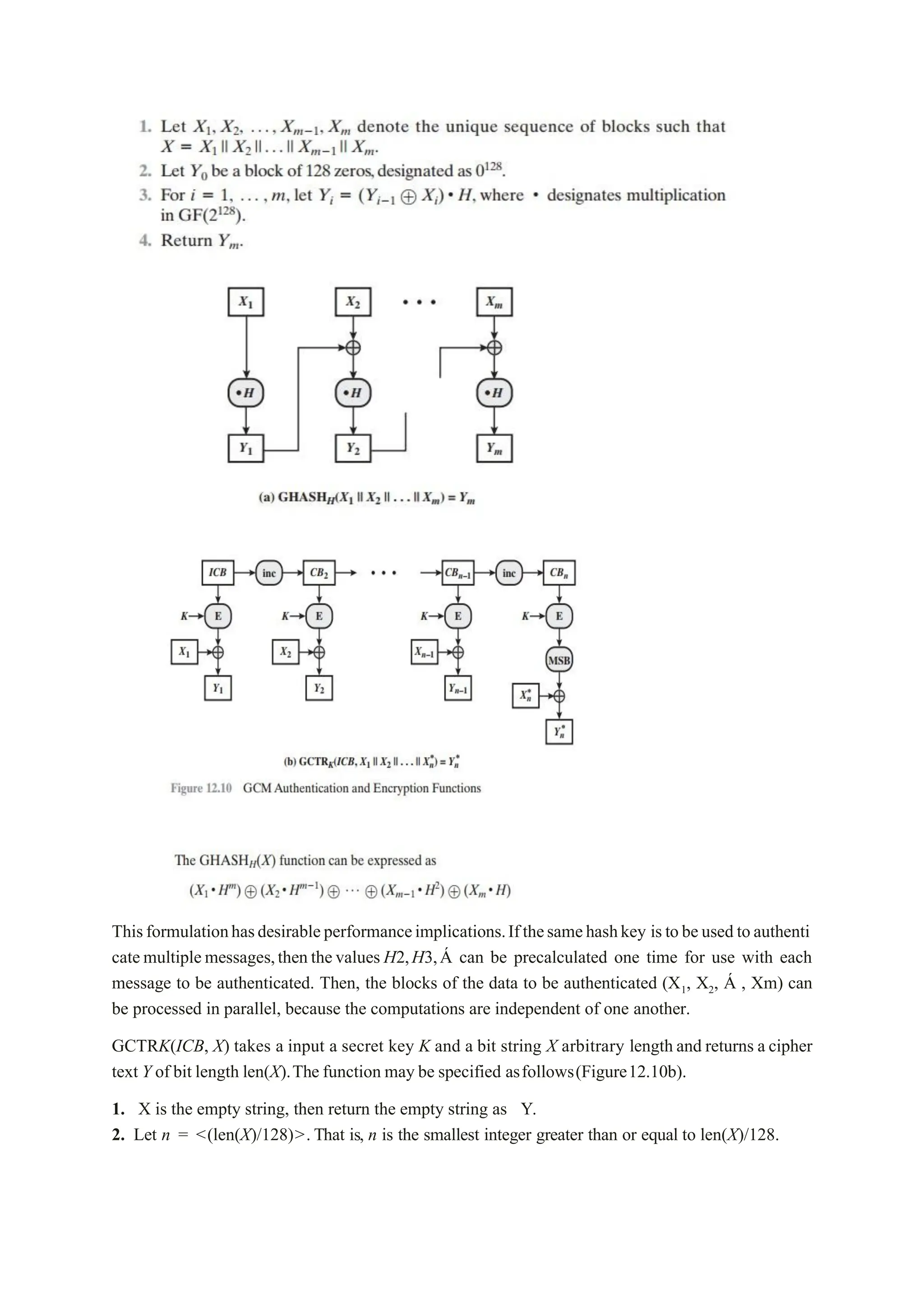 Thisformulationhasdesirableperformanceimplications.Ifthesamehashkey istobeusedtoauthenti
catemultiplemessages,thenthevalues H2,H3,Á can be precalculated one time for use with each
message to be authenticated. Then, the blocks of the data to be authenticated (X1, X2, Á , Xm) can
be processed in parallel, because the computations are independent of one another.
GCTRK(ICB, X) takes a input a secret key K and a bit string X arbitrary length and returns a cipher
text Y of bit length len(X).The function may be specified asfollows(Figure12.10b).
1. X is the empty string, then return the empty string as Y.
2. Let n = <(len(X)/128)>. That is, n is the smallest integer greater than or equal to len(X)/128.
 
