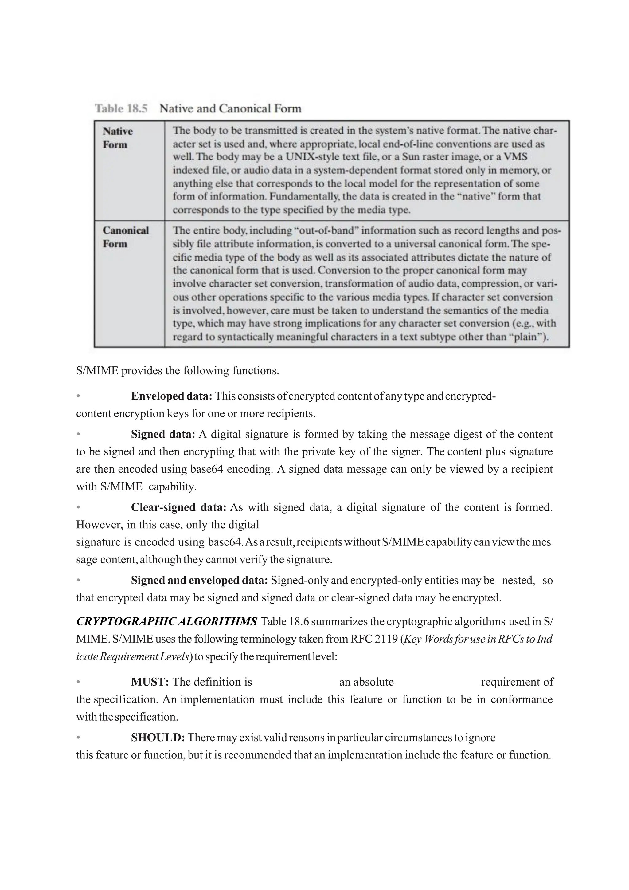 S/MIME provides the following functions.
• Envelopeddata:Thisconsistsofencryptedcontentofanytypeandencrypted-
content encryption keys for one or more recipients.
• Signed data: A digital signature is formed by taking the message digest of the content
to be signed and then encrypting that with the private key of the signer. The content plus signature
are then encoded using base64 encoding. A signed data message can only be viewed by a recipient
with S/MIME capability.
• Clear-signed data: As with signed data, a digital signature of the content is formed.
However, in this case, only the digital
signature is encoded using base64.Asaresult,recipientswithoutS/MIMEcapabilitycanviewthemes
sage content,althoughtheycannotverifythesignature.
• Signedandenvelopeddata: Signed-onlyandencrypted-onlyentitiesmaybe nested, so
that encrypted data may be signed and signed data or clear-signed data may beencrypted.
CRYPTOGRAPHIC ALGORITHMS Table18.6summarizesthecryptographicalgorithms usedin S/
MIME.S/MIMEusesthefollowingterminologytakenfromRFC2119(Key WordsforuseinRFCstoInd
icateRequirementLevels)tospecifytherequirementlevel:
• MUST: The definition is an absolute requirement of
the specification. An implementation must include this feature or function to be in conformance
withthespecification.
• SHOULD:Theremayexistvalidreasonsinparticularcircumstancestoignore
this feature or function,butit is recommended that an implementation include the feature or function.
 