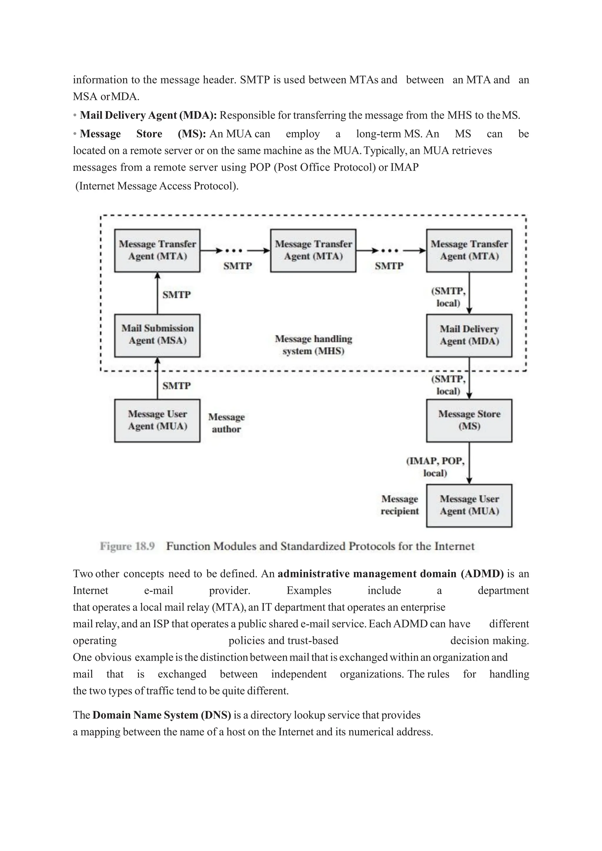 information to the message header. SMTP is used between MTAs and between an MTA and an
MSA orMDA.
• Mail DeliveryAgent(MDA): Responsible for transferring the message from the MHS to theMS.
• Message Store (MS): An MUA can employ a long-term MS. An MS can be
located on a remote server or on the same machine as the MUA.Typically,an MUA retrieves
messages from a remote server using POP (Post Office Protocol) or IMAP
(Internet MessageAccess Protocol).
Two other concepts need to be defined. An administrative management domain (ADMD) is an
Internet e-mail provider. Examples include a department
that operates a local mail relay (MTA),an IT department that operates an enterprise
mail relay,and an ISPthat operates a publicshared e-mail service.EachADMDcan have different
operating policies and trust-based decision making.
One obvious exampleisthedistinctionbetweenmailthatisexchangedwithinanorganizationand
mail that is exchanged between independent organizations. The rules for handling
the two types of traffic tend to be quite different.
TheDomain Name System (DNS) is a directory lookup service that provides
a mapping between the name of a host on the Internet and its numerical address.
 