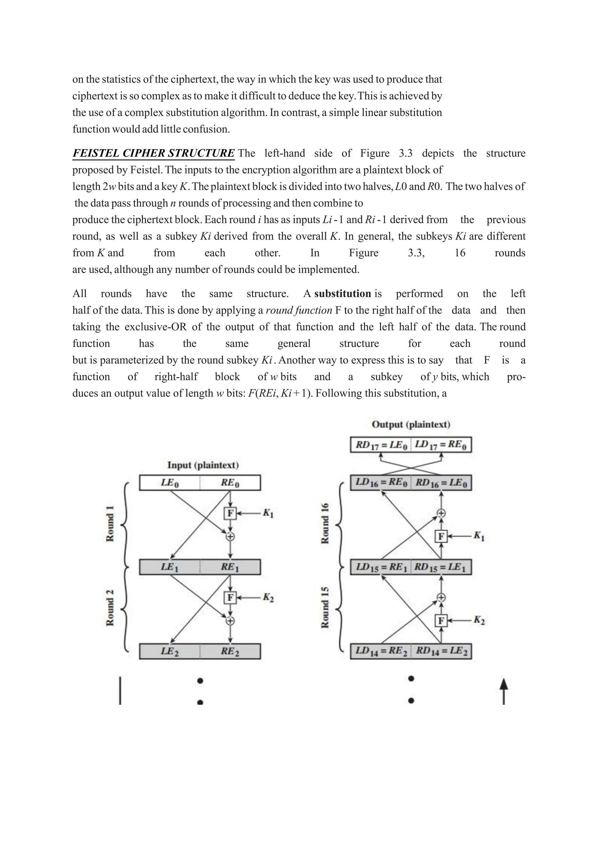 on thestatistics of the ciphertext,the way in which thekey was used to produce that
ciphertextissocomplexastomakeitdifficulttodeducethekey.Thisisachievedby
the use of a complex substitution algorithm.In contrast,a simple linear substitution
functionwouldaddlittleconfusion.
FEISTEL CIPHER STRUCTURE The left-hand side of Figure 3.3 depicts the structure
proposed by Feistel.The inputs to the encryption algorithm are a plaintext block of
length2wbitsandakeyK.Theplaintextblockisdividedintotwohalves,L0andR0. Thetwohalves of
thedatapassthrough n rounds ofprocessingandthencombine to
produce the ciphertext block.Each round i has as inputs Li-1 and Ri-1 derived from the previous
round, as well as a subkey Ki derived from the overall K. In general, the subkeys Ki are different
from K and from each other. In Figure 3.3, 16 rounds
are used,although any number of rounds could be implemented.
All rounds have the same structure. A substitution is performed on the left
half of the data.This is done by applying a round function F to the right half of the data and then
taking the exclusive-OR of the output of that function and the left half of the data. The round
function has the same general structure for each round
but is parameterized by the round subkey Ki.Another way to express this is to say that F is a
function of right-half block of w bits and a subkey of y bits, which pro-
duces an output value of length w bits: F(REi,Ki+1). Following this substitution, a
 