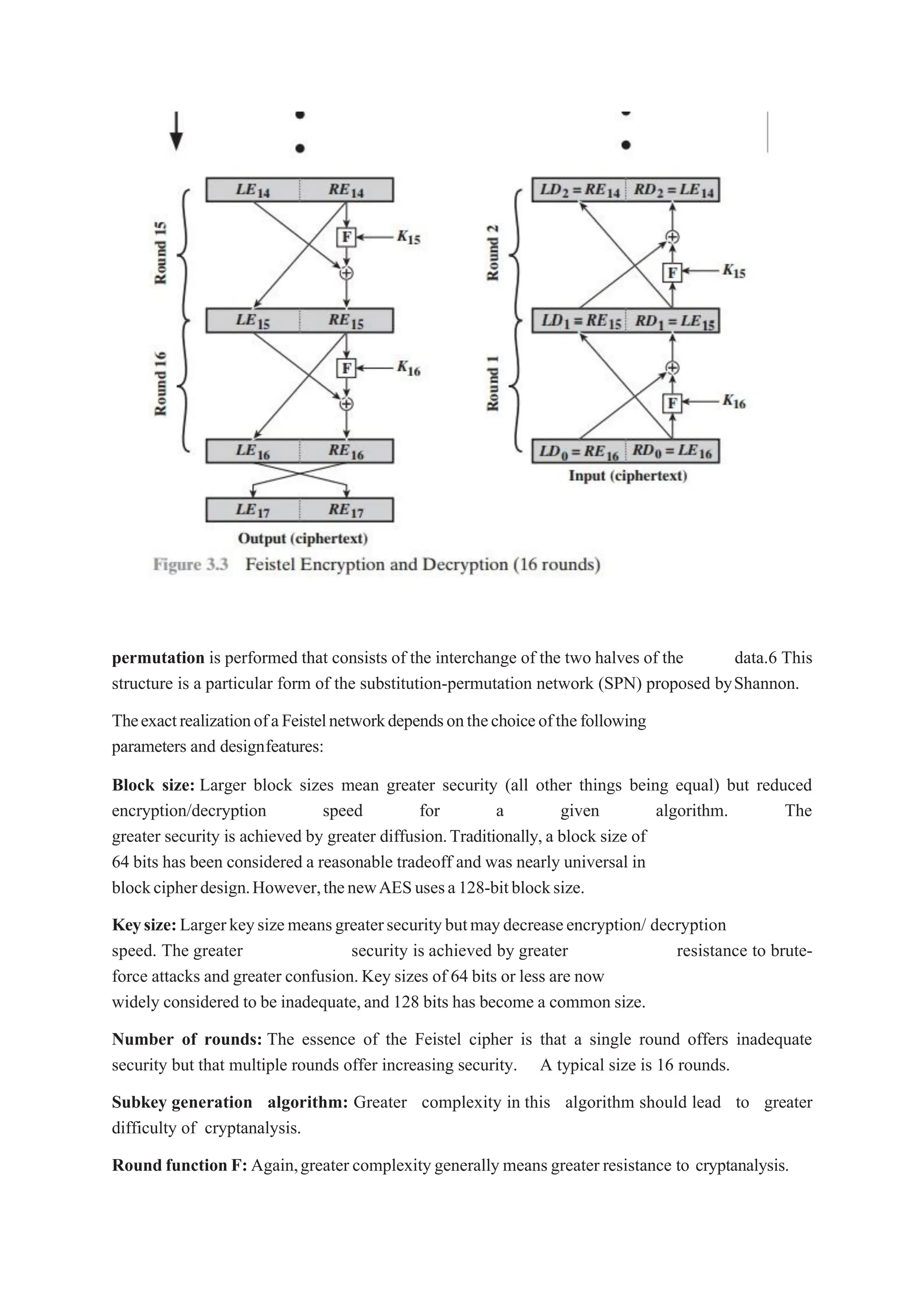permutation is performed that consists of the interchange of the two halves of the data.6 This
structure is a particular form of the substitution-permutation network (SPN) proposed byShannon.
TheexactrealizationofaFeistelnetworkdependsonthechoiceofthefollowing
parameters and designfeatures:
Block size: Larger block sizes mean greater security (all other things being equal) but reduced
encryption/decryption speed for a given algorithm. The
greater security is achieved by greater diffusion.Traditionally, a block size of
64 bits has been considered a reasonable tradeoff and was nearly universal in
blockcipherdesign.However,thenewAESusesa128-bitblocksize.
Keysize:Largerkeysizemeansgreatersecuritybutmaydecreaseencryption/ decryption
speed. The greater security is achieved by greater resistance to brute-
force attacks and greater confusion.Key sizes of 64 bits or less are now
widely considered to be inadequate,and 128 bits has become a common size.
Number of rounds: The essence of the Feistel cipher is that a single round offers inadequate
security but that multiple rounds offer increasing security. A typical size is 16 rounds.
Subkey generation algorithm: Greater complexity in this algorithm should lead to greater
difficulty of cryptanalysis.
Round function F: Again,greater complexitygenerally means greater resistance to cryptanalysis.
 