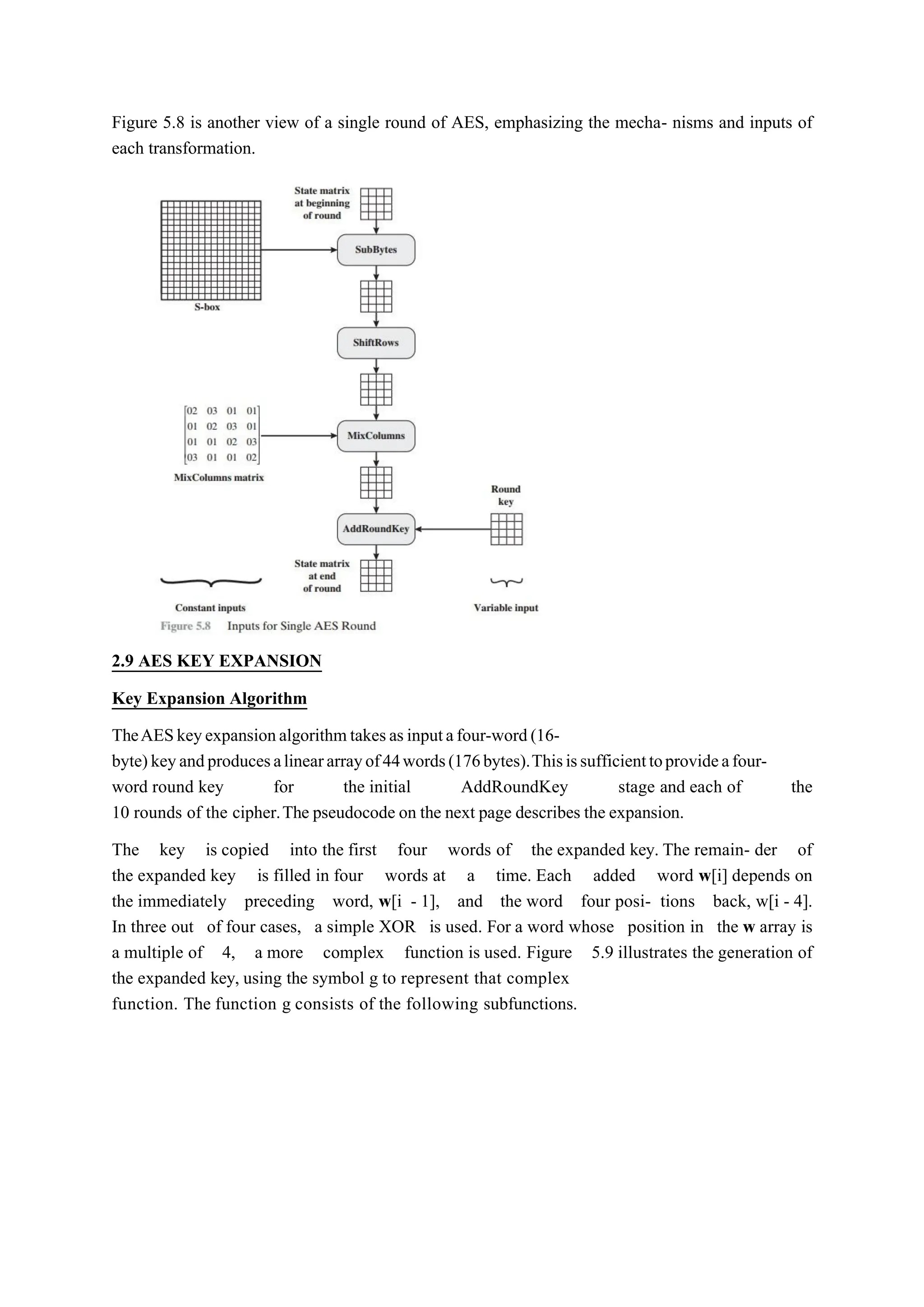 Figure 5.8 is another view of a single round of AES, emphasizing the mecha- nisms and inputs of
each transformation.
2.9 AES KEY EXPANSION
Key Expansion Algorithm
TheAESkeyexpansionalgorithmtakesasinputafour-word(16-
byte)keyandproducesalineararrayof44words(176bytes).Thisissufficienttoprovideafour-
word round key for the initial AddRoundKey stage and each of the
10 rounds of the cipher.The pseudocode on the next page describes the expansion.
The key is copied into the first four words of the expanded key. The remain- der of
the expanded key is filled in four words at a time. Each added word w[i] depends on
the immediately preceding word, w[i - 1], and the word four posi- tions back, w[i - 4].
In three out of four cases, a simple XOR is used. For a word whose position in the w array is
a multiple of 4, a more complex function is used. Figure 5.9 illustrates the generation of
the expanded key, using the symbol g to represent that complex
function. The function g consists of the following subfunctions.
 