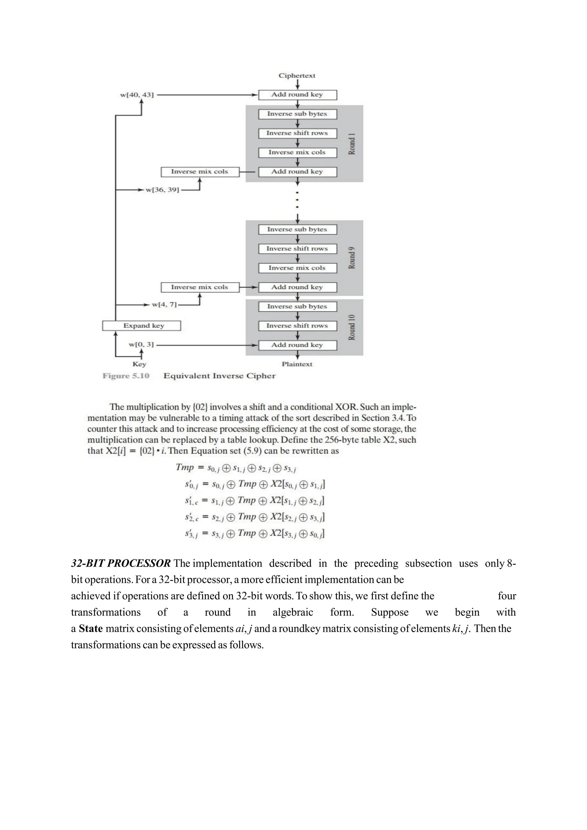 32-BIT PROCESSOR The implementation described in the preceding subsection uses only 8-
bitoperations.Fora32-bitprocessor,amoreefficientimplementationcanbe
achieved if operations are defined on 32-bit words.Toshow this,we first define the four
transformations of a round in algebraic form. Suppose we begin with
a State matrixconsistingofelementsai, j andaroundkeymatrixconsistingofelementski,j. Thenthe
transformationscanbeexpressedasfollows.
 