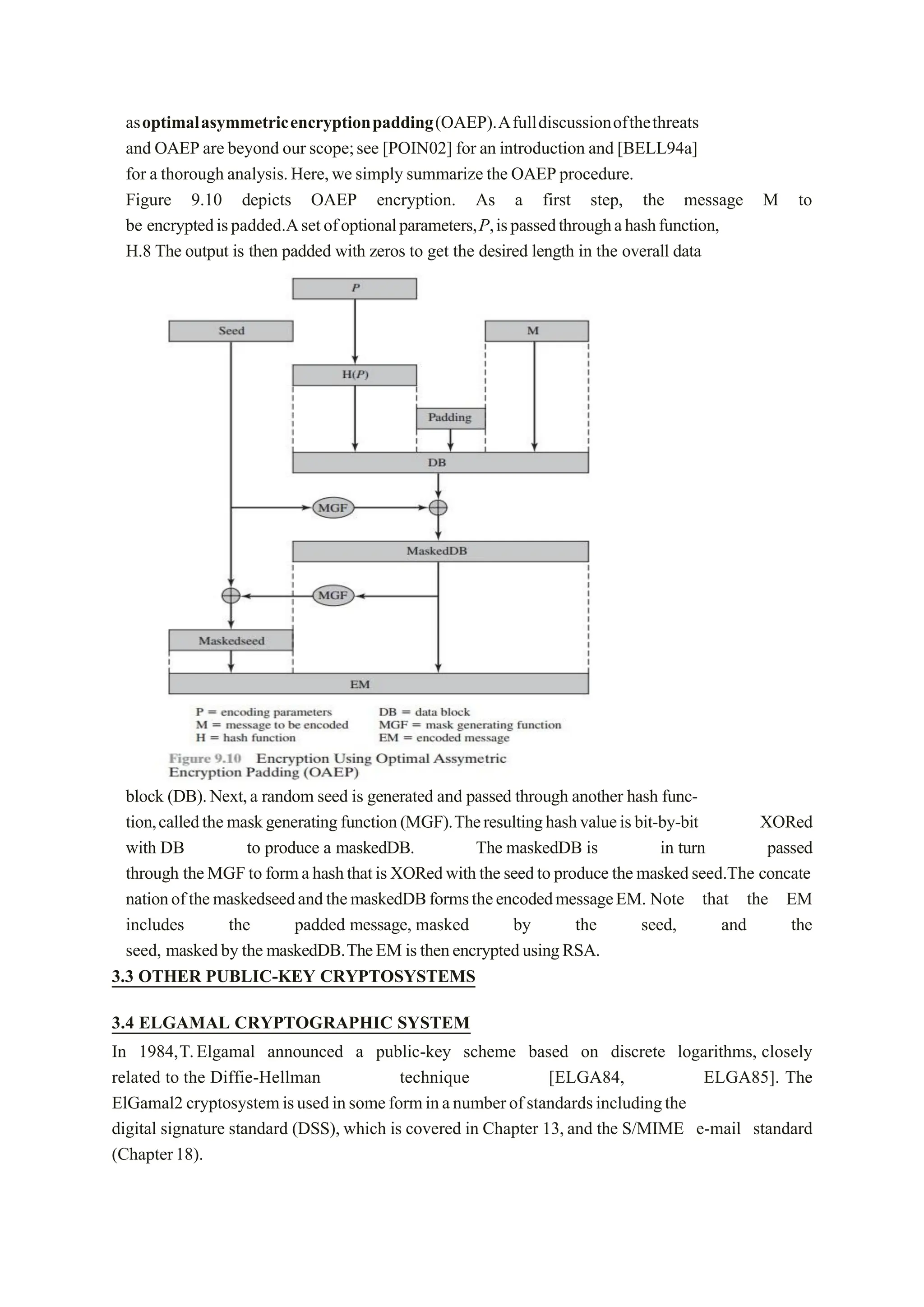 asoptimalasymmetricencryptionpadding(OAEP).Afulldiscussionofthethreats
and OAEP are beyond our scope;see [POIN02] for an introduction and [BELL94a]
for a thorough analysis.Here,we simply summarize the OAEPprocedure.
Figure 9.10 depicts OAEP encryption. As a first step, the message M to
be encryptedispadded.Asetofoptionalparameters,P,ispassedthroughahashfunction,
H.8 The output is then padded with zeros to get the desired length in the overall data
block (DB).Next,a random seed is generated and passed through another hash func-
tion,calledthemaskgeneratingfunction(MGF).Theresultinghashvalueisbit-by-bit XORed
with DB to produce a maskedDB. The maskedDB is in turn passed
through theMGFto formahashthatisXORedwiththeseedtoproducethemaskedseed.The concate
nationofthemaskedseedandthemaskedDBformstheencodedmessageEM. Note that the EM
includes the padded message, masked by the seed, and the
seed, maskedby the maskedDB.TheEM isthenencryptedusingRSA.
3.3 OTHER PUBLIC-KEY CRYPTOSYSTEMS
3.4 ELGAMAL CRYPTOGRAPHIC SYSTEM
In 1984,T.Elgamal announced a public-key scheme based on discrete logarithms, closely
related to the Diffie-Hellman technique [ELGA84, ELGA85]. The
ElGamal2 cryptosystemisusedinsomeforminanumberofstandardsincludingthe
digital signature standard (DSS), which is covered in Chapter 13,and the S/MIME e-mail standard
(Chapter18).
 