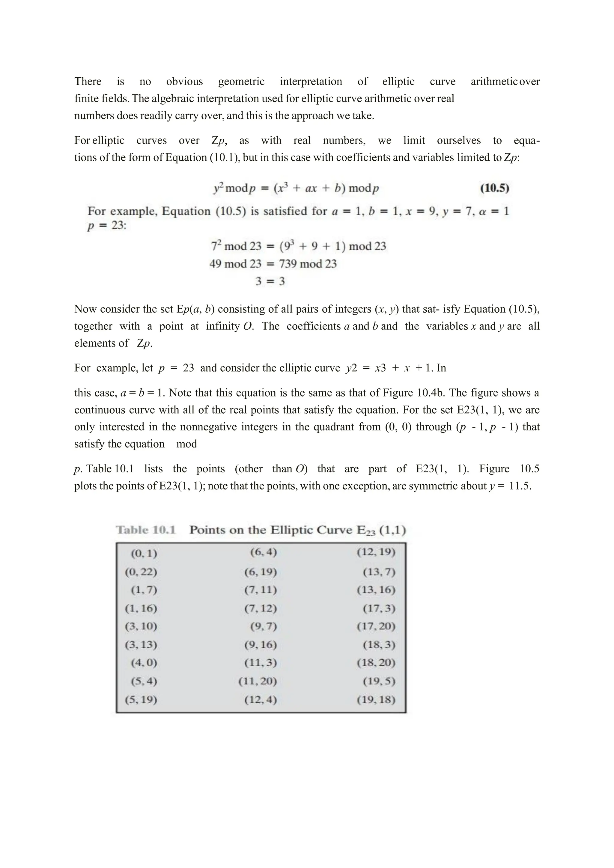 There is no obvious geometric interpretation of elliptic curve arithmeticover
finite fields.The algebraic interpretation used for elliptic curve arithmetic over real
numbers does readily carry over,and this is the approach we take.
For elliptic curves over Zp, as with real numbers, we limit ourselves to equa-
tions of the form of Equation (10.1),but in this case with coefficients and variables limited toZp:
Now consider the set Ep(a, b) consisting of all pairs of integers (x, y) that sat- isfy Equation (10.5),
together with a point at infinity O. The coefficients a and b and the variables x and y are all
elements of Zp.
For example, let p = 23 and consider the elliptic curve y2 = x3 + x + 1. In
this case, a = b = 1. Note that this equation is the same as that of Figure 10.4b. The figure shows a
continuous curve with all of the real points that satisfy the equation. For the set E23(1, 1), we are
only interested in the nonnegative integers in the quadrant from (0, 0) through (p - 1, p - 1) that
satisfy the equation mod
p. Table 10.1 lists the points (other than O) that are part of E23(1, 1). Figure 10.5
plots the points of E23(1, 1);note that the points,with one exception,are symmetric about y = 11.5.
 
