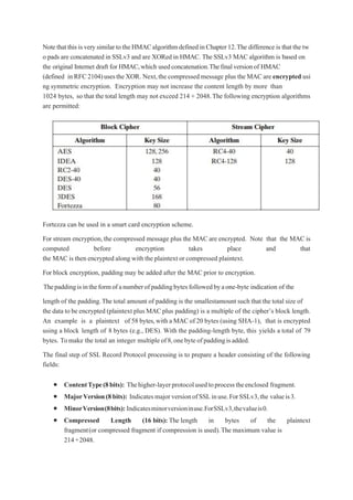 Notethatthisisverysimilarto theHMACalgorithmdefinedinChapter12.The difference is that the tw
o pads are concatenated in SSLv3 and are XORed in HMAC. The SSLv3 MAC algorithm is based on
the original Internet draft for HMAC,which usedconcatenation.Thefinalversionof HMAC
(defined inRFC2104)usestheXOR. Next,the compressed message plus the MAC are encrypted usi
ng symmetric encryption. Encryption may not increase the content length by more than
1024 bytes, so that the total length may not exceed 214 + 2048.The following encryption algorithms
are permitted:
Fortezza can be used in a smart card encryption scheme.
For stream encryption,the compressed message plus the MAC are encrypted. Note that the MAC is
computed before encryption takes place and that
the MAC is then encrypted along with the plaintext or compressed plaintext.
For block encryption, padding may be added after the MAC prior to encryption.
Thepaddingisintheformofanumberofpaddingbytesfollowedbyaone-byte indication of the
length of the padding.The total amount of padding is the smallestamount such that the total size of
the data to be encrypted (plaintext plus MACplus padding) is a multiple of the cipher’s block length.
An example is a plaintext of 58 bytes,with a MACof 20 bytes (using SHA-1), that is encrypted
using a block length of 8 bytes (e.g., DES). With the padding-length byte, this yields a total of 79
bytes. Tomake the total an integer multipleof8,onebyteofpaddingisadded.
The final step of SSL Record Protocol processing is to prepare a header consisting of the following
fields:
 ContentType(8bits): Thehigher-layerprotocolusedtoprocesstheenclosed fragment.
 MajorVersion(8bits): IndicatesmajorversionofSSLinuse.ForSSLv3,the valueis3.
 MinorVersion(8bits): Indicatesminorversioninuse.ForSSLv3,thevalueis0.
 Compressed Length (16 bits): The length in bytes of the plaintext
fragment(or compressed fragment if compression is used).The maximum value is
214+2048.
 