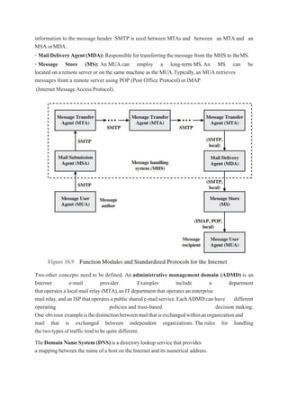 information to the message header. SMTP is used between MTAs and between an MTA and an
MSA orMDA.
• Mail DeliveryAgent(MDA): Responsible for transferring the message from the MHS to theMS.
• Message Store (MS): An MUA can employ a long-term MS. An MS can be
located on a remote server or on the same machine as the MUA.Typically,an MUA retrieves
messages from a remote server using POP (Post Office Protocol) or IMAP
(Internet MessageAccess Protocol).
Two other concepts need to be defined. An administrative management domain (ADMD) is an
Internet e-mail provider. Examples include a department
that operates a local mail relay (MTA),an IT department that operates an enterprise
mail relay,and an ISPthat operates a publicshared e-mail service.EachADMDcan have different
operating policies and trust-based decision making.
One obvious exampleisthedistinctionbetweenmailthatisexchangedwithinanorganizationand
mail that is exchanged between independent organizations. The rules for handling
the two types of traffic tend to be quite different.
TheDomain Name System (DNS) is a directory lookup service that provides
a mapping between the name of a host on the Internet and its numerical address.
 