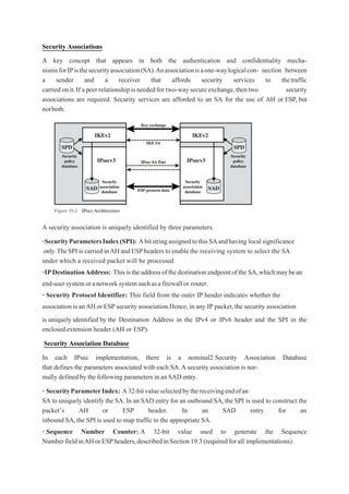 Security Associations
A key concept that appears in both the authentication and confidentiality mecha-
nismsforIPisthesecurityassociation(SA).Anassociationisaone-waylogicalcon- nection between
a sender and a receiver that affords security services to thetraffic
carried on it.If a peer relationship is needed for two-way secure exchange,then two security
associations are required. Security services are afforded to an SA for the use of AH or ESP,but
notboth.
A security association is uniquely identified by three parameters.
•SecurityParametersIndex(SPI): AbitstringassignedtothisSAandhaving localsignificance
only.TheSPIiscarriedinAHandESPheaderstoenablethe receiving system to select the SA
under which a received packet will be processed.
•IPDestinationAddress: Thisistheaddressofthedestinationendpointofthe SA,whichmaybean
end-usersystemoranetworksystemsuchasafirewallor router.
• Security Protocol Identifier: This field from the outer IP headerindicates whether the
association is anAH or ESP security association.Hence, in any IP packet,the security association
is uniquely identified by the Destination Address in the IPv4 or IPv6 header and the SPI in the
enclosedextension header (AH or ESP).
Security Association Database
In each IPsec implementation, there is a nominal2 Security Association Database
that defines the parameters associated with each SA.A security association is nor-
mally defined by the following parameters in an SAD entry.
• SecurityParameterIndex: A32-bitvalueselectedbythereceivingendofan
SA to uniquely identify the SA.In an SAD entry for an outbound SA,the SPI is used to construct the
packet’s AH or ESP header. In an SAD entry for an
inbound SA,the SPI is used to map traffic to the appropriate SA.
• Sequence Number Counter: A 32-bit value used to generate the Sequence
NumberfieldinAHorESPheaders,describedinSection19.3(requiredforall implementations).
 