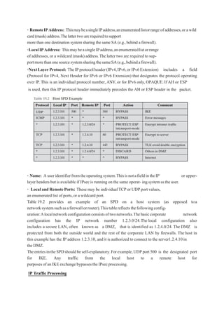 • RemoteIPAddress: ThismaybeasingleIPaddress,anenumeratedlistorrange of addresses,or awild
card(mask)address.Thelattertwoare requiredtosupport
more than one destination system sharing the same SA (e.g.,behind a firewall).
•LocalIPAddress: ThismaybeasingleIPaddress,anenumeratedlistorrange
of addresses,or a wildcard (mask) address.The latter two are required to sup-
portmorethanonesourcesystemsharingthesameSA(e.g.,behindafirewall).
•NextLayerProtocol: TheIPprotocolheader(IPv4,IPv6,orIPv6Extension) includes a field
(Protocol for IPv4, Next Header for IPv6 or IPv6 Extension) that designates the protocol operating
over IP.This is an individual protocol number,ANY,or for IPv6 only,OPAQUE.If AH or ESP
is used, then this IP protocol header immediately precedes the AH or ESP header in the packet.
• Name: Auseridentifierfromtheoperatingsystem.ThisisnotafieldintheIP or upper-
layer headers but is available if IPsec is running on the same operat- ingsystemastheuser.
• Local and Remote Ports: These may be individualTCP or UDP port values,
an enumerated list of ports,or a wildcard port.
Table 19.2 provides an example of an SPD on a host system (as opposed toa
networksystemsuchasafirewallorrouter).Thistablereflectsthefollowingconfig-
uration:Alocalnetworkconfigurationconsistsoftwonetworks.Thebasiccorporate network
configuration has the IP network number 1.2.3.0/24.The local configuration also
includes a secure LAN, often known as a DMZ, that is identified as 1.2.4.0/24. The DMZ is
protected from both the outside world and the rest of the corporate LAN by firewalls. The host in
this example has the IP address 1.2.3.10, and it is authorized to connect to the server1.2.4.10 in
the DMZ.
TheentriesintheSPDshouldbeself-explanatory.Forexample,UDPport500 is the designated port
for IKE. Any traffic from the local host to a remote host for
purposesofanIKEexchange bypassestheIPsecprocessing.
IP Traffic Processing
 