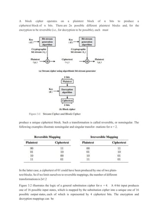 A block cipher operates on a plaintext block of n bits to produce a
ciphertext block of n bits. There are 2n possible different plaintext blocks and, for the
encryption to be reversible (i.e., for decryption to be possible), each must
produce a unique ciphertext block. Such a transformation is called reversible, or nonsingular. The
following examples illustrate nonsingular and singular transfor- mations for n = 2.
In the latter case,a ciphertext of 01 could have been produced by one of two plain-
text blocks.So if we limit ourselves to reversible mappings,the numberof different
transformationsis2n!.2
Figure 3.2 illustrates the logic of a general substitution cipher for n = 4. A 4-bit input produces
one of 16 possible input states, which is mapped by the substitution cipher into a unique one of 16
possible output states, each of which is represented by 4 ciphertext bits. The encryption and
decryption mappings can be
 