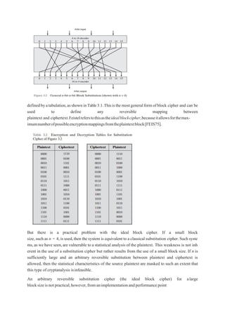 definedbyatabulation,asshowninTable3.1.Thisisthemostgeneralformofblock cipher and can be
used to define any reversible mapping between
plaintext and ciphertext.Feistelreferstothisastheidealblockcipher,becauseitallowsforthemax-
imumnumberofpossibleencryptionmappingsfromtheplaintextblock[FEIS75].
But there is a practical problem with the ideal block cipher. If a small block
size,such as n = 4,is used,then the system is equivalent to a classical substitution cipher.Such syste
ms,as we have seen,are vulnerable to a statistical analysis of the plaintext. This weakness is not inh
erent in the use of a substitution cipher but rather results from the use of a small block size. If n is
sufficiently large and an arbitrary reversible substitution between plaintext and ciphertext is
allowed, then the statistical characteristics of the source plaintext are masked to such an extent that
this type of cryptanalysis isinfeasible.
An arbitrary reversible substitution cipher (the ideal block cipher) for alarge
blocksizeisnotpractical,however,fromanimplementationandperformancepoint
 