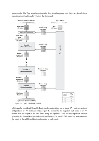 subsequently. The final round contains only three transformations, and there is a initial single
transformation (AddRoundKey) before the first round,
which can be considered Round 0. Each transformation takes one or more 4 * 4 matrices as input
and produces a 4 * 4 matrix as output. Figure 5.1 shows that the output of each round is a 4 * 4
matrix, with the output of the final round being the ciphertext. Also, the key expansion function
generates N + 1 round keys, each of which is a distinct 4 * 4 matrix. Each round key serve as one of
the inputs to the AddRoundKey transformation in each round.
 