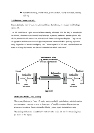  trusted functionality, security labels, event detection, security audit trails, security
recovery
1.6 Model for Network Security
In considering the place of encryption, its useful to use the following two models from Stallings
section 1.6.
The first, illustrated in Figure models information being transferred from one party to another over
an insecure communications channel, in the presence of possible opponents. The two parties, who
are the principals in this transaction, must cooperate for the exchange to take place. They can use
an appropriate security transform (encryption algorithm), with suitable keys, possibly negotiated
using the presence of a trusted third party. Parts One through Four of this book concentrates on the
types of security mechanisms and services that fit into the model shown here.
Model for Network Access Security
The second, illustrated in Figure 1.5, model is concerned with controlled access to information
or resources on a computer system, in the presence of possible opponents. Here appropriate
controls are needed on the access to and within the system, to provide suitable security.
The security mechanisms needed to cope with unwanted access fall into two broad categories
(as shown in this figure).
 