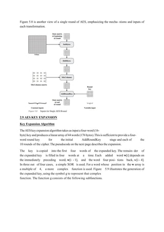 Figure 5.8 is another view of a single round of AES, emphasizing the mecha- nisms and inputs of
each transformation.
2.9 AES KEY EXPANSION
Key Expansion Algorithm
TheAESkeyexpansionalgorithmtakesasinputafour-word(16-
byte)keyandproducesalineararrayof44words(176bytes).Thisissufficienttoprovideafour-
word round key for the initial AddRoundKey stage and each of the
10 rounds of the cipher.The pseudocode on the next page describes the expansion.
The key is copied into the first four words of the expanded key. The remain- der of
the expanded key is filled in four words at a time. Each added word w[i] depends on
the immediately preceding word, w[i - 1], and the word four posi- tions back, w[i - 4].
In three out of four cases, a simple XOR is used. For a word whose position in the w array is
a multiple of 4, a more complex function is used. Figure 5.9 illustrates the generation of
the expanded key, using the symbol g to represent that complex
function. The function g consists of the following subfunctions.
 