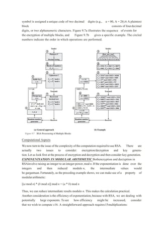 symbol is assigned a unique code of two decimal digits (e.g., a = 00, A = 26).6 A plaintext
block consists of fourdecimal
digits, or two alphanumeric characters. Figure 9.7a illustrates the sequence of events for
the encryption of multiple blocks, and Figure 9.7b gives a specific example. The circled
numbers indicate the order in which operations are performed.
Computational Aspects
Wenowturnto the issue ofthe complexity ofthecomputation requiredtouse RSA. There are
actually two issues to consider: encryption/decryption and key genera-
tion.Let us look first at the process of encryption and decryption and then consider key generation.
EXPONENTIATION IN MODULAR ARITHMETIC Bothencryption and decryption in
RSAinvolve raising an integer to an integer power,mod n.If the exponentiation is done over the
integers and then reduced modulo n, the intermediate values would
be gargantuan. Fortunately, as the preceding example shows, we can make use of a property of
modulararithmetic:
[(a mod n) * (b mod n)] mod n = (a * b) mod n
Thus, we can reduce intermediate results modulo n. This makes the calculation practical.
Another consideration is the efficiency of exponentiation,because with RSA, we are dealing with
potentially large exponents. Tosee how efficiency might be increased, consider
that we wish to compute x16. A straightforward approach requires15multiplications:
 