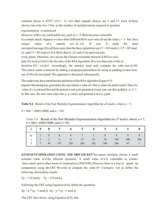 common choice is 65537 (216 + 1); two other popular choices are 3 and 17. Each of these
choices has only two 1 bits, so the number of multiplications required to perform
exponentiation isminimized.
However,withaverysmallpublickey,suchase=3,RSAbecomesvulnerable
to asimple attack.Supposewe have three different RSA users who all use the value e = 3 but have
unique values of n, namely (n1, n2, n3). If user A sends the same
encryptedmessageMtoallthreeusers,thenthethreeciphertextsareC1=M3modn1, C2 =M3 mod
n2,andC3 =M3 modn3.Itis likelythatn1,n2,andn3 are pairwiserela-
tively prime.Therefore,one can use the Chinese remainder theorem (CRT) to com-
pute M3 mod (n1n2n3).By the rules of the RSA algorithm,M is less than each of the ni;
therefore M3 < n1n2n3. Accordingly, the attacker need only compute the cube root of M3.
This attack canbe countered by adding a uniquepseudorandom bit string as padding to each insta
nce of M to be encrypted.This approach is discussed subsequently.
ThereadermayhavenotedthatthedefinitionoftheRSAalgorithm(Figure9.5)
requiresthatduringkeygenerationthe userselectsa valueofe thatis relativelyprime to f(n).Thus,if a
value of e isselected first and the primes pand qare generated,it may turn out that gcd(f(n), e) Z 1.
In that case, the user must reject the p, q values and generatea newp,qpair.
Table 9.4 Result of the Fast Modular Exponentiation Algorithm for ab mod n, where a = 7,
b = 560 = 1000110000, and n = 561
EFFICIENT OPERATION USING THE PRIVATE KEY Wecannot similarly choose a small
constant value of d for efficient operation. A small value of d is vulnerable to a brute-
force attack and to other forms of cryptanalysis [WIEN90].However,there is a way to speed up
computation using the CRT.Wewish to compute the value M = Cd mod n. Let us define the
following intermediate results:
Vp = Cd mod p Vq = Cd mod q
Following the CRT using Equation (8.8), define the quantities
Xp = q * (q - 1 mod p) Xq = p * (p - 1 mod q)
The CRT then shows, using Equation (8.9), that
 
