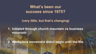 What’s been our
success since 1975?
(very little, but that’s changing)
1. Initiated through church mountain vs business
mountain
2. Workplace movement didn’t begin until the 90s
 