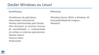 Docker Windows ou Linux!
Semelhanças
•Contêineres de aplicativos.
•Executados nativamente.
•Ambos administrados pelo Docker
•Eles fornecem os mesmos recursos
de portabilidade e modularidade
em ambos os sistemas operacionais.
•Docker Swarm
•Service Fabric
•Kubernetes
Diferenças
•Windows Server 2016+ e Windows 10.
•Compatibilidade de imagens.
•Network
 