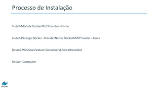 Processo de Instalação
Install-Module DockerMsftProvider –Force
Install-Package Docker -ProviderName DockerMsftProvider –Force
(Install-WindowsFeature Containers).RestartNeeded
Restart-Computer
 