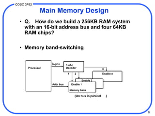 8
COSC 3P92
Processor
log2 n 1-of-n
Decoder
Addr bus
Memory bank
Enable 1
Enable 2
Enable n
1 2
n
(On bus in parallel )
Main Memory Design
• Q. How do we build a 256KB RAM system
with an 16-bit address bus and four 64KB
RAM chips?
• Memory band-switching
 