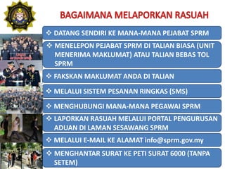  DATANG SENDIRI KE MANA-MANA PEJABAT SPRM
 MENELEPON PEJABAT SPRM DI TALIAN BIASA (UNIT
MENERIMA MAKLUMAT) ATAU TALIAN BEBAS TOL
SPRM
 FAKSKAN MAKLUMAT ANDA DI TALIAN
 MELALUI SISTEM PESANAN RINGKAS (SMS)
 MENGHUBUNGI MANA-MANA PEGAWAI SPRM
 LAPORKAN RASUAH MELALUI PORTAL PENGURUSAN
ADUAN DI LAMAN SESAWANG SPRM
 MELALUI E-MAIL KE ALAMAT info@sprm.gov.my
 MENGHANTAR SURAT KE PETI SURAT 6000 (TANPA
SETEM)
 