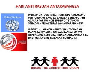 PADA 27 OKTOBER 2003, PERHIMPUNAN AGONG
PERTUBUHAN BANGSA-BANGSA BERSATU (PBB)
ADALAH TARIKH 9 DISEMBER DITETAPKAN
SEBAGAI HARI ANTI RASUAH ANTARABANGSA.
IA BERTUJUAN MENINGKATKAN KESEDARAN
MASYARAKAT AKAN BAHAYA RASUAH SERTA
KEPERLUAN SATU USAHASAMA ANTARABANGSA
BAGI MENANGANI MASALAH GLOBAL INI.
 