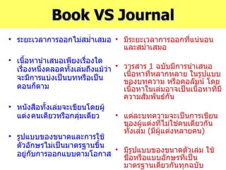 Book VS Journal ระยะเวลาการออกไม่สม่ำเสมอ เนื้อหานำเสนอเพียงเรื่องใดเรื่องหนึ่งตลอดทั้งเล่มถึงแม้ว่าจะมีการแบ่งเป็นบทหรือเป็นตอนก็ตาม หนังสือทั้งเล่มจะเขียนโดยผู้แต่ง คนเดียวหรือกลุ่มเดียว รูปแบบของขนาดและการใช้ตัวอักษรไม่เป็นมาตรฐานขึ้นอยู่กับการออกแบบตามโอกาส มีระยะเวลาการออกที่แน่นอนและสม่ำเสมอ วารสาร  1  ฉบับมีการนำเสนอเนื้อหาที่หลากหลาย ในรูปแบบของบทความ หรือคอลัมน์ โดยเนื้อหาในเล่มอาจเป็นเนื้อหาที่มีความสัมพันธ์กัน แต่ละบทความจะเป็นการเขียนของผู้แต่งที่ไม่ใช่คนเดียวกันทั้งเล่ม  ( มีผู้แต่งหลายคน ) มีรูปแบบของขนาดตัวเล่ม ใช้ชื่อหรือแบบอักษรที่เป็นมาตรฐานเดียวกันทุกฉบับ 