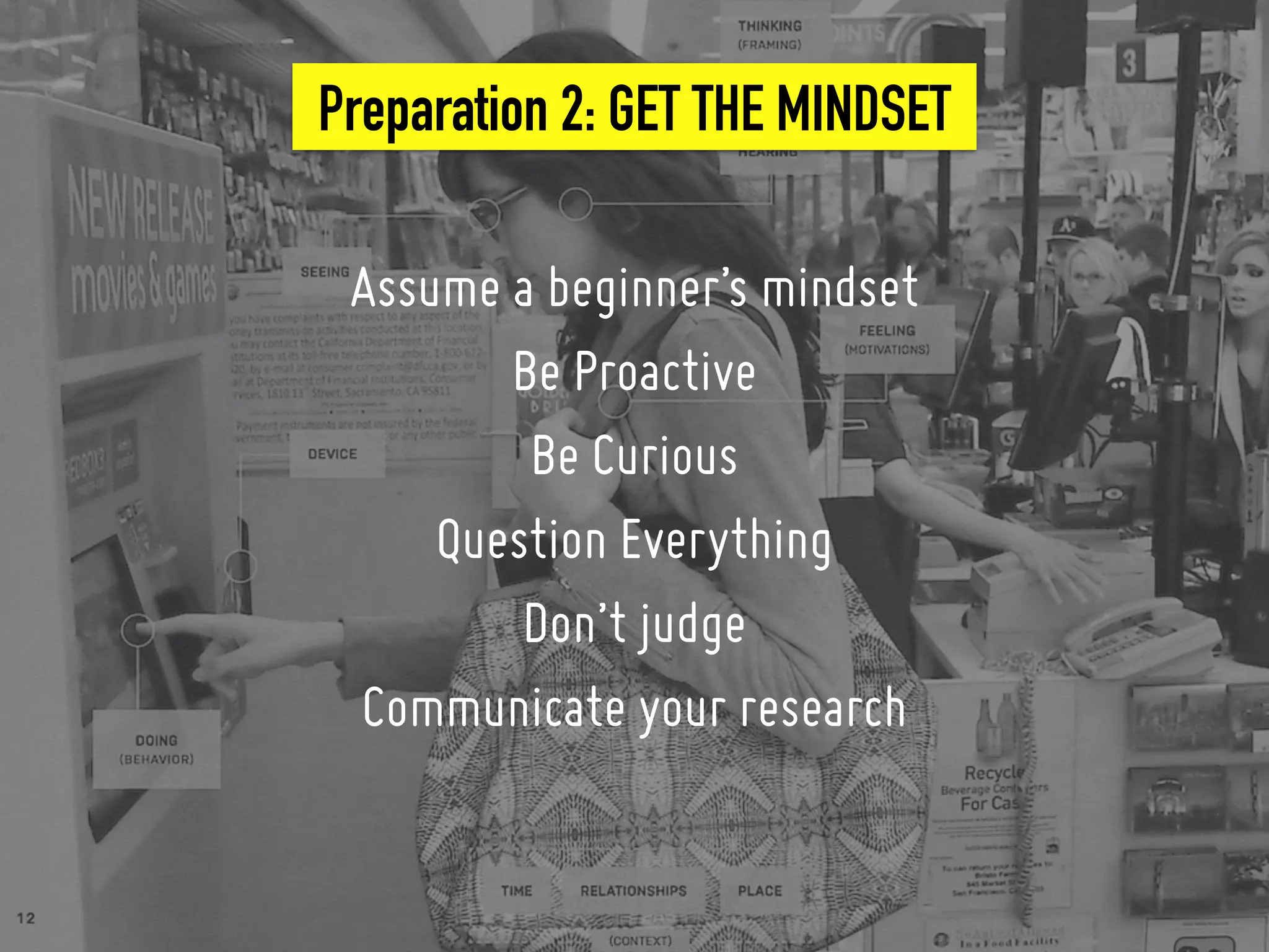 Preparation 2: GET THE MINDSET
Assume a beginner’s mindset
Be Proactive
Be Curious
Question Everything
Don’t judge
Communicate your research
 