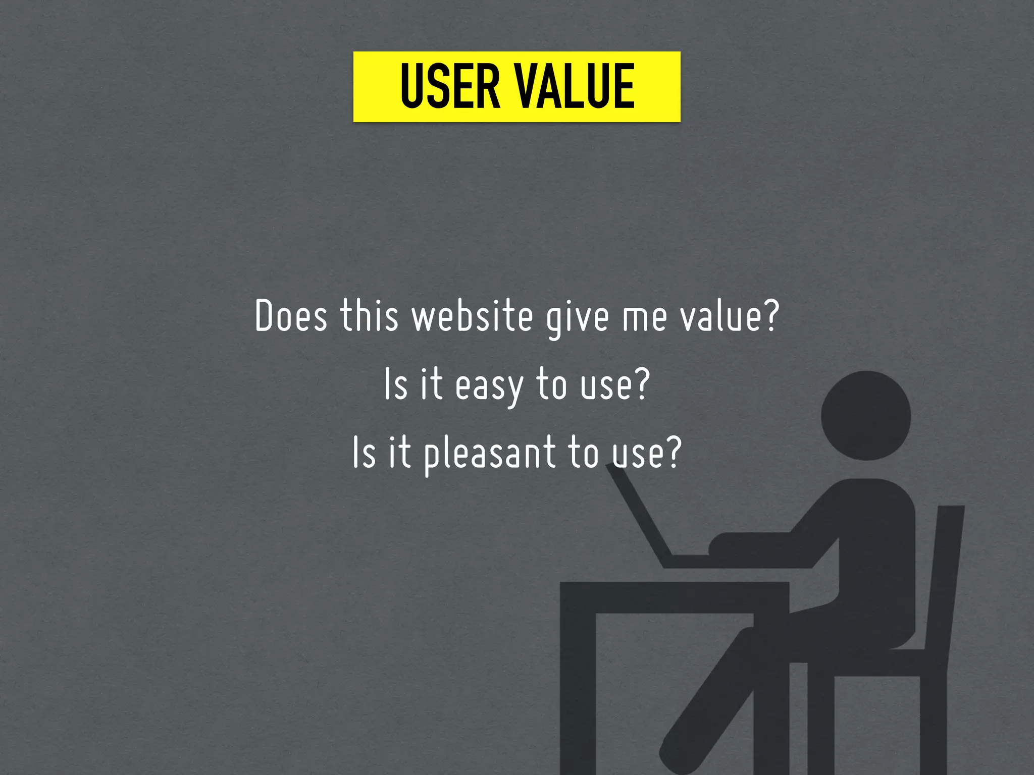 USER VALUE
Does this website give me value?
Is it easy to use?
Is it pleasant to use?
 