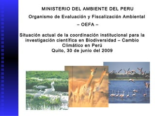 MINISTERIO DEL AMBIENTE DEL PERU
Organismo de Evaluación y Fiscalización Ambiental
– OEFA –
Situación actual de la coordinación institucional para la
investigación científica en Biodiversidad – Cambio
Climático en Perú
Quito, 30 de junio del 2009
 