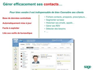 Gérer efficacement ses  contacts … Fichiers contacts, prospects, prescripteurs… Segmenter sa base Historiser ses emails, appels… Gérer ses RDV Détecter des besoins … Pour bien vendre il est indispensable de bien Connaitre ses clients Base de données centralisée Automatiquement mise à jour Facile à exploiter Liée aux outils de bureautique 