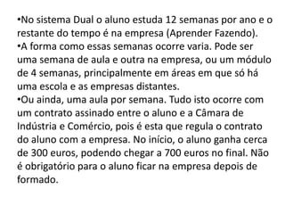 •No sistema Dual o aluno estuda 12 semanas por ano e o
restante do tempo é na empresa (Aprender Fazendo).
•A forma como essas semanas ocorre varia. Pode ser
uma semana de aula e outra na empresa, ou um módulo
de 4 semanas, principalmente em áreas em que só há
uma escola e as empresas distantes.
•Ou ainda, uma aula por semana. Tudo isto ocorre com
um contrato assinado entre o aluno e a Câmara de
Indústria e Comércio, pois é esta que regula o contrato
do aluno com a empresa. No início, o aluno ganha cerca
de 300 euros, podendo chegar a 700 euros no final. Não
é obrigatório para o aluno ficar na empresa depois de
formado.
 