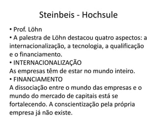 Steinbeis - Hochsule
• Prof. Löhn
• A palestra de Löhn destacou quatro aspectos: a
internacionalização, a tecnologia, a qualificação
e o financiamento.
• INTERNACIONALIZAÇÃO
As empresas têm de estar no mundo inteiro.
• FINANCIAMENTO
A dissociação entre o mundo das empresas e o
mundo do mercado de capitais está se
fortalecendo. A conscientização pela própria
empresa já não existe.
 