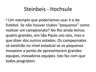 Steinbeis - Hochsule
• Um exemplo que poderíamos usar é o do
futebol. Se não houver clubes “pequenos” como
realizar um campeonato? No Rio ainda temos
quatro grandes, em São Paulo uns seis, mas o
que dizer dos outros estados. Os campeonatos
só existirão no nível estadual se os pequenos
inovarem a ponto de apresentarem grandes
equipes, inovadoras equipes. Isto faz com que
todos progridam.
 
