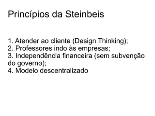 Princípios da Steinbeis
1. Atender ao cliente (Design Thinking);
2. Professores indo às empresas;
3. Independência financeira (sem subvenção
do governo);
4. Modelo descentralizado
 