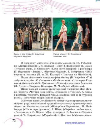 72
В оперному мистецтві з’явились моноопера (В. Губарен-
ко «Листи кохання», Л. Колодуб «Поет»), фолк-опера (І. Шамо
«Ятранні ігри», Є. Станкович «Коли цвіте папороть»), рок-опера
(С. Бедусенко «Енеїда», «Ярослав Мудрий», Г. Татарченко «Біла
ворона»), мюзикл (Л. та Ж. Колодуб «Пригоди на Міссісіпі»).
Балет збагатився жанрами фолк-балету (В. Кирейко «Тіні
забутих предків», Є. Станкович «Майська ніч», «Ніч перед Різд-
вом»), балету-пісні (К. Данькевич «Лілея»), сучасними балетами
(Л. Дичко «Катерина Білокур», М. Чембержі «Даніела»).
Жанр хорової музики представлений творчістю Лесі Дич-
ко (кантата «Чотири пори року», «Урочиста літургія»). А світла
і розмаїта творчість Богдани Фільц знайома вам із її чудових
пісень і музичних творів різних жанрів.
Майстри вокально-пісенного жанру гідно представили са-
мобутні українські пісенні традиції в сучасному музичному мис-
тецтві: А. Кос-Анатольський («Біля річки Черемоша»), П. Май-
борода («Пісня про рушник»), І. Шамо («Україна, любов моя»,
«Галичанка»), О. Білаш («Два кольори»), В. Івасюк («Червона
рута»), Т. Петриненко («Україна»), О. Злотник («Музика рідно-
Сцена з рок-опери С. Бедусенка
«Ярослав Мудрий»
Сцена з балету Є. Станковича
«Майська ніч»
www.e-ranok.com.ua
 